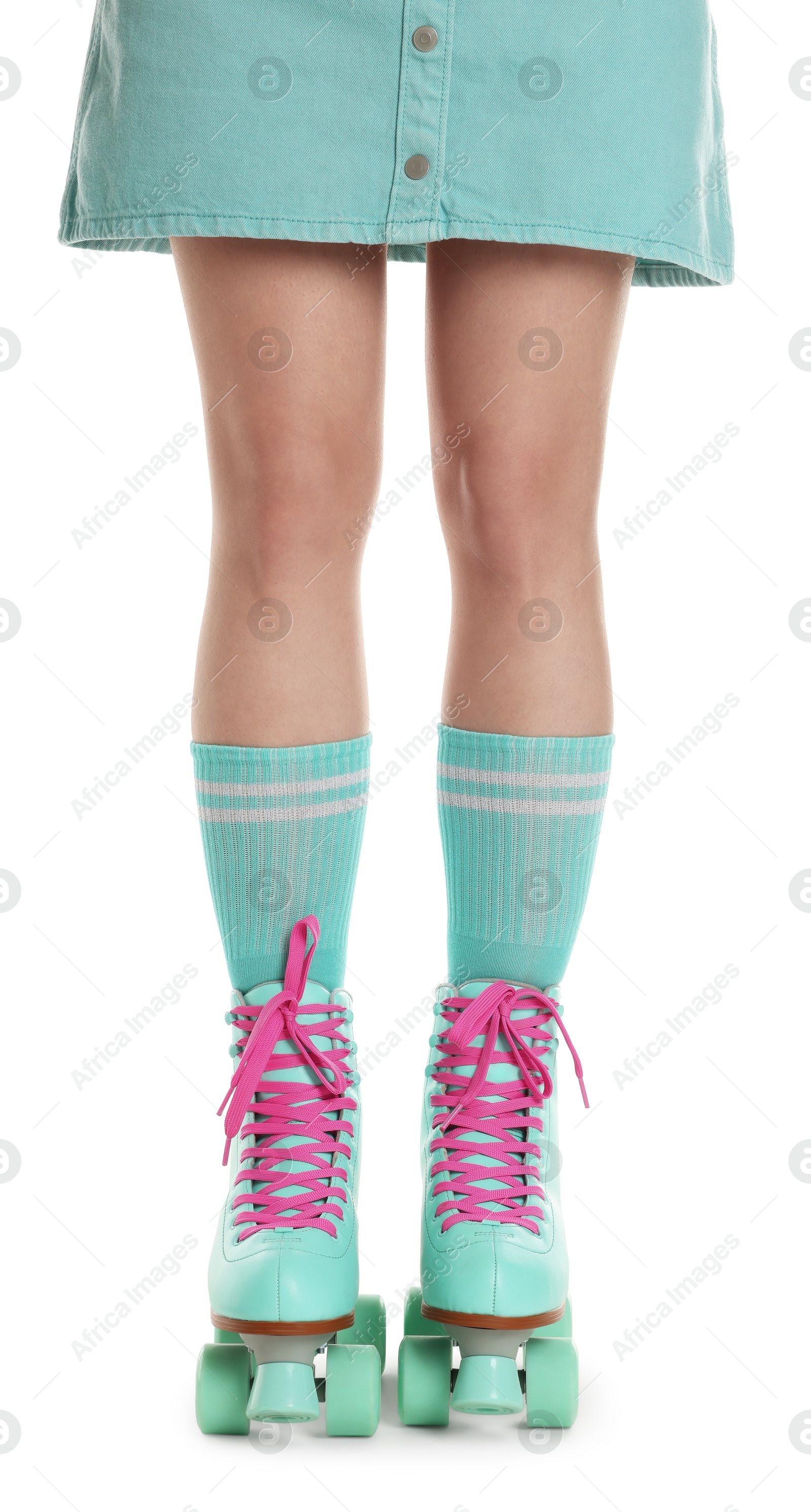 Woman in roller skates on white background, closeup Photo of Woman in roller skates on white background, closeup