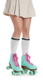 Photo of Woman in roller skates on white background, closeup