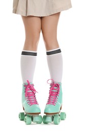 Photo of Woman in roller skates on white background, closeup