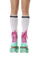 Photo of Woman in roller skates on white background, closeup
