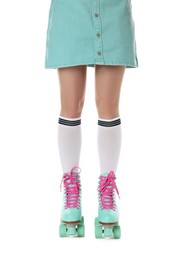 Photo of Woman in roller skates on white background, closeup