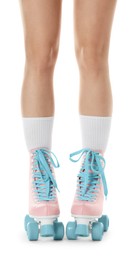 Photo of Woman in roller skates on white background, closeup