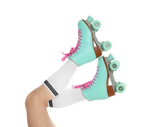 Photo of Woman in roller skates on white background, closeup