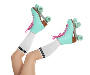 Photo of Woman in roller skates on white background, closeup