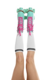 Photo of Woman in roller skates on white background, closeup