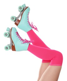Photo of Woman in roller skates on white background, closeup