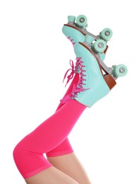 Photo of Woman in roller skates on white background, closeup