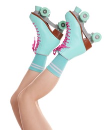 Photo of Woman in roller skates on white background, closeup