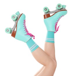 Photo of Woman in roller skates on white background, closeup