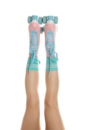 Photo of Woman in roller skates on white background, closeup