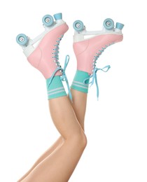 Photo of Woman in roller skates on white background, closeup