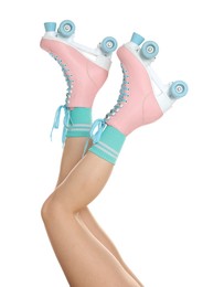 Photo of Woman in roller skates on white background, closeup