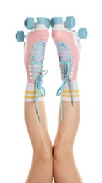 Photo of Woman in roller skates on white background, closeup