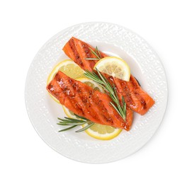 Photo of Seafood. Tasty grilled salmon, rosemary and lemon isolated on white, top view