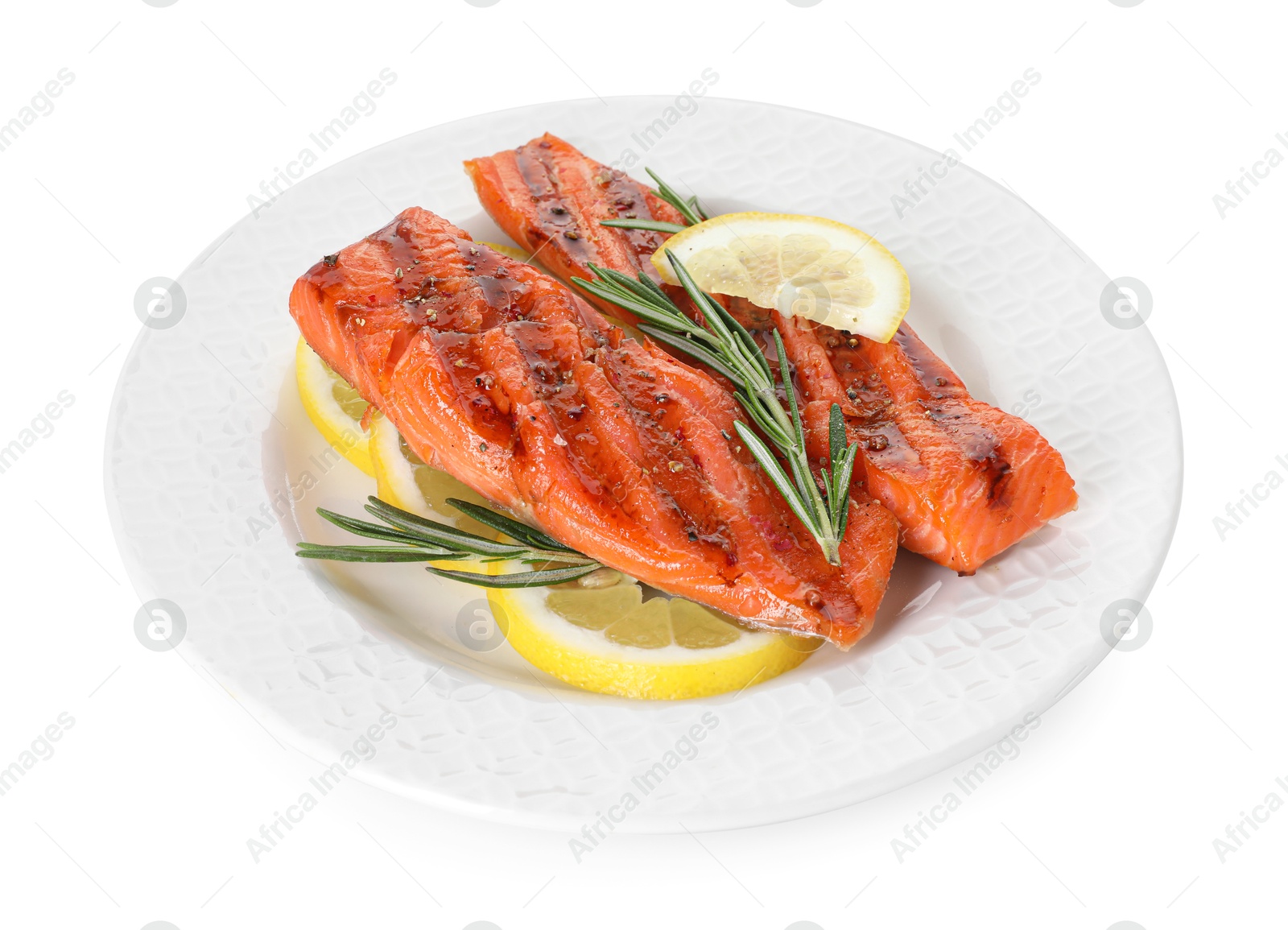 Seafood. Tasty grilled salmon, rosemary and lemon isolated on white Photo of Seafood. Tasty grilled salmon, rosemary and lemon isolated on white