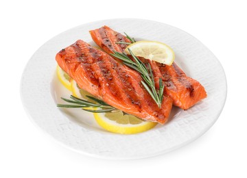 Photo of Seafood. Tasty grilled salmon, rosemary and lemon isolated on white