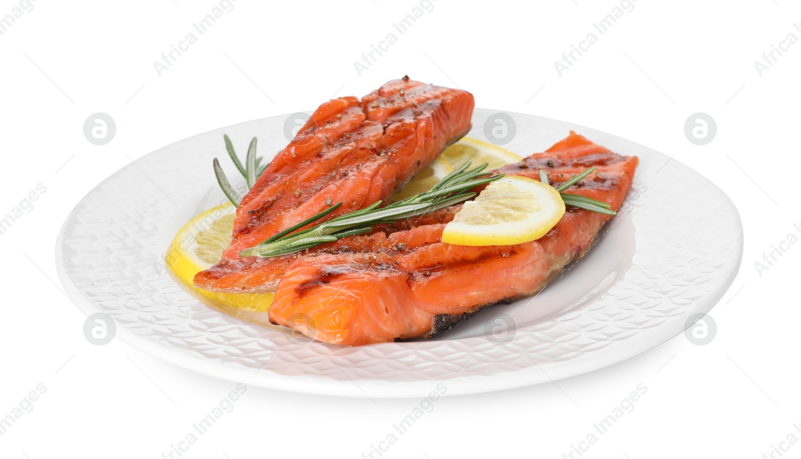 Seafood. Tasty grilled salmon, rosemary and lemon isolated on white Photo of Seafood. Tasty grilled salmon, rosemary and lemon isolated on white