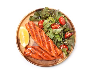 Photo of Tasty grilled salmon, salad and lemon isolated on white, top view