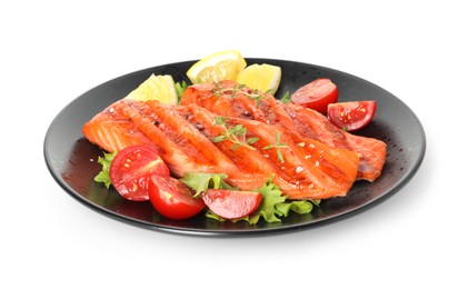 Photo of Tasty grilled salmon, lettuce, tomatoes and lemon isolated on white