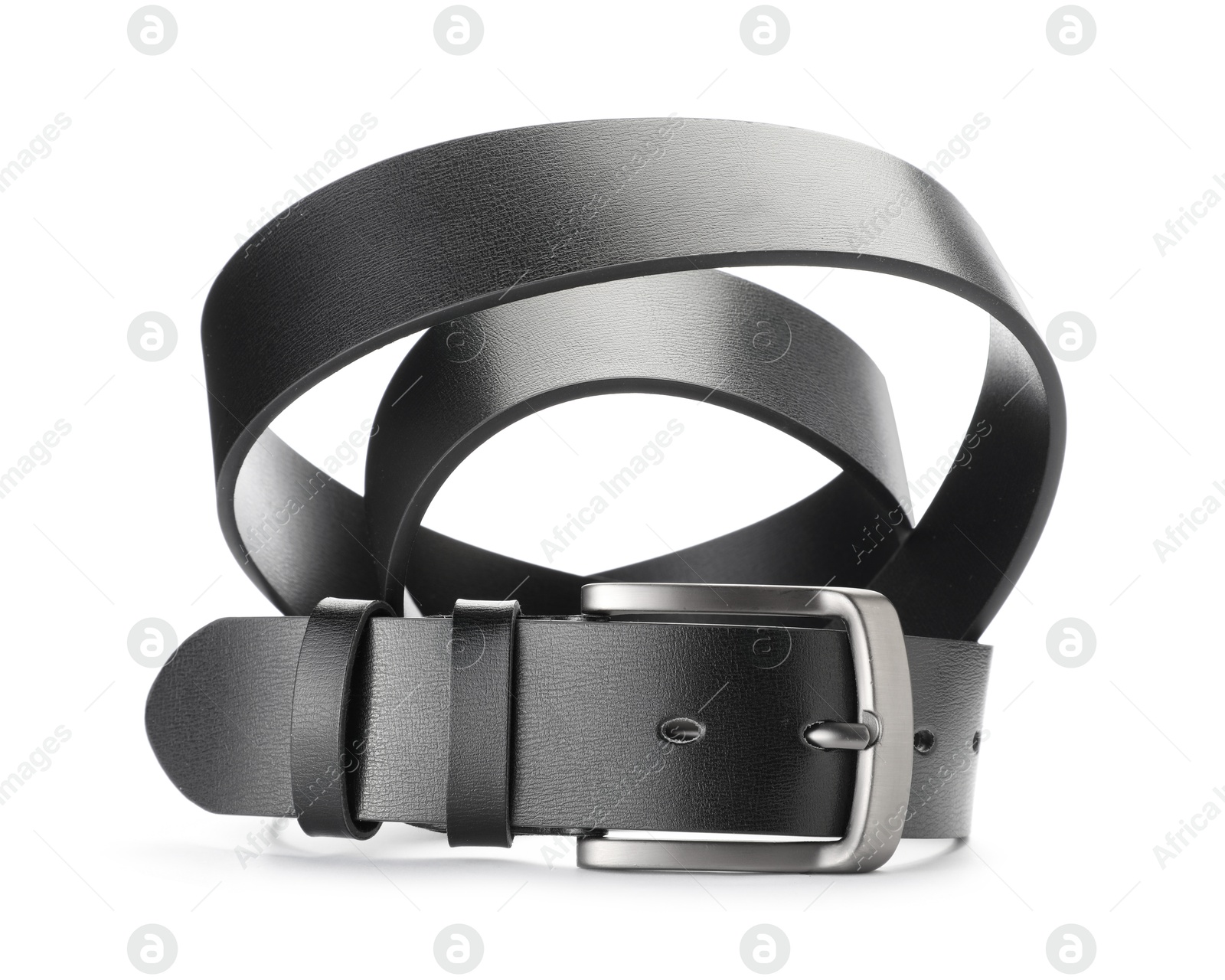 One black leather belt isolated on white Photo of One black leather belt isolated on white