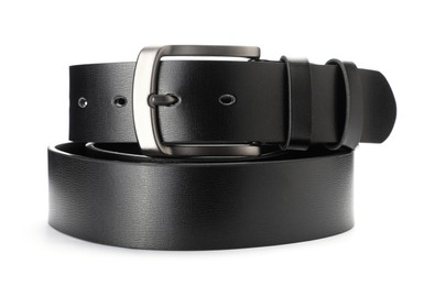 Photo of One black leather belt isolated on white