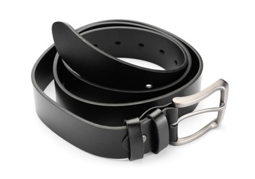Photo of One black leather belt isolated on white