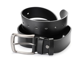 Photo of One black leather belt isolated on white