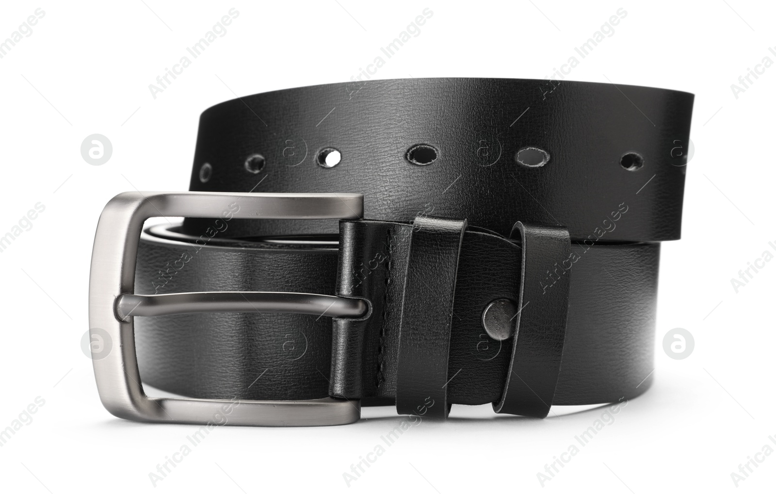 One black leather belt isolated on white Photo of One black leather belt isolated on white