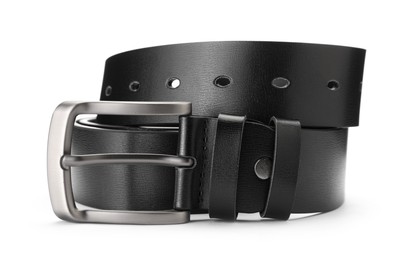 Photo of One black leather belt isolated on white