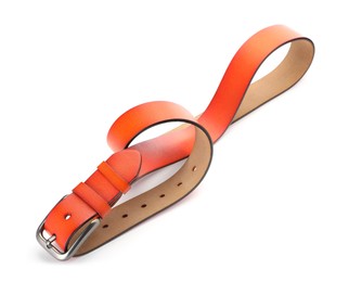 Photo of One orange leather belt isolated on white