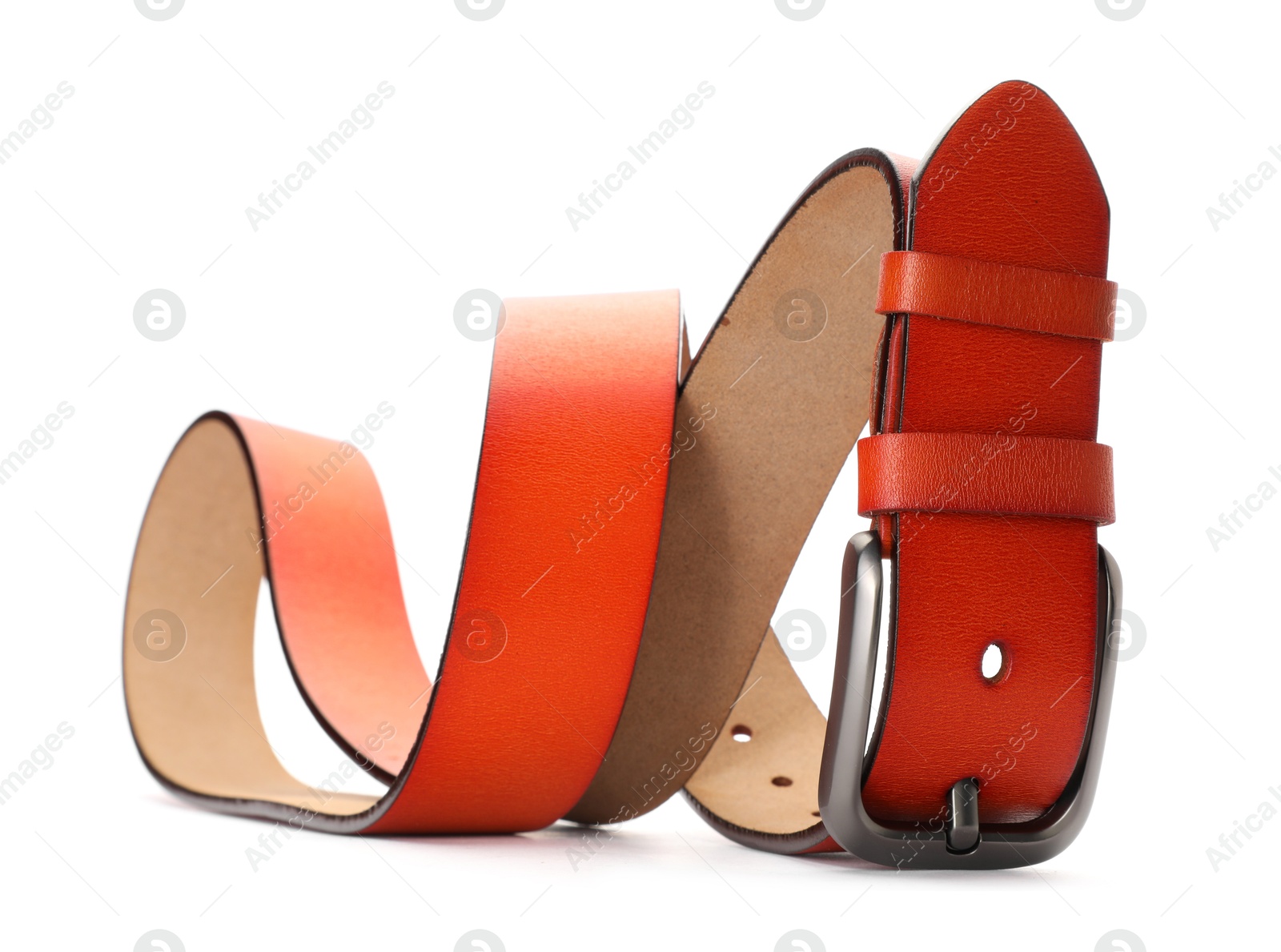 One orange leather belt isolated on white Photo of One orange leather belt isolated on white