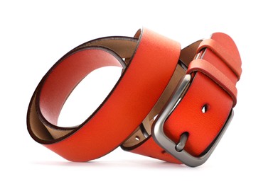 Photo of One orange leather belt isolated on white