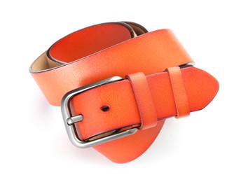 Photo of One orange leather belt isolated on white