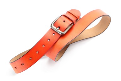 Photo of One orange leather belt isolated on white