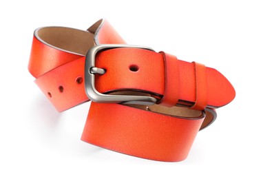 Photo of One orange leather belt isolated on white