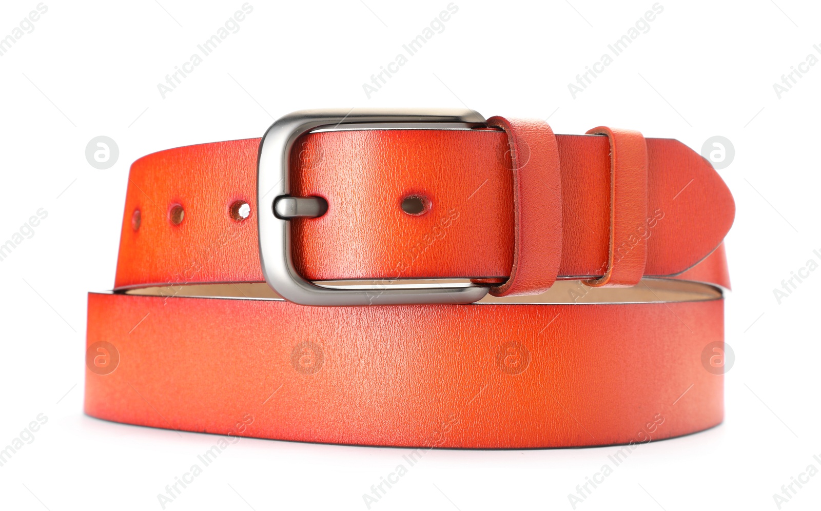 One orange leather belt isolated on white Photo of One orange leather belt isolated on white