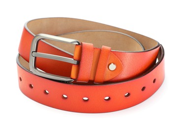 Photo of One orange leather belt isolated on white