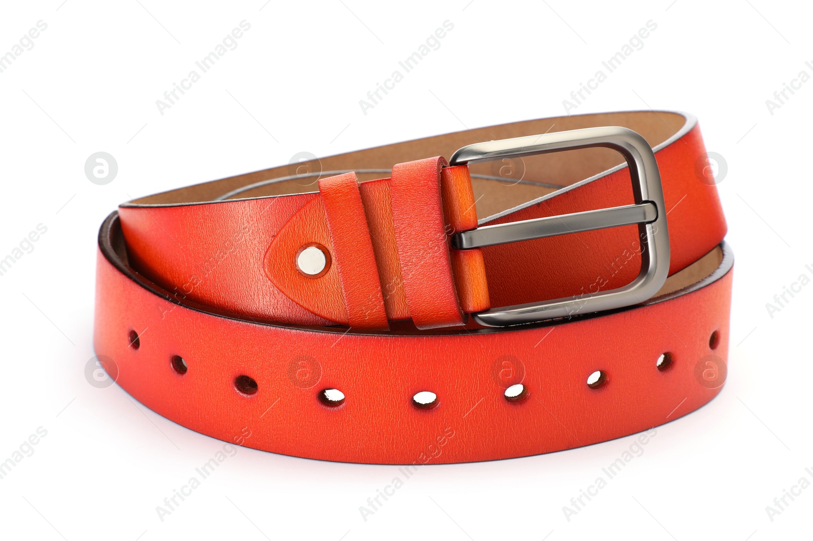 One orange leather belt isolated on white Photo of One orange leather belt isolated on white