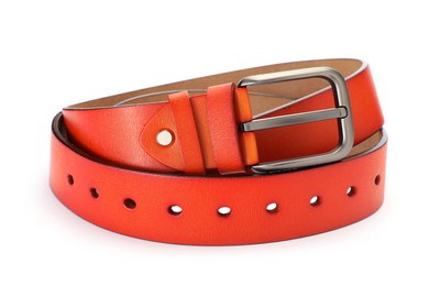 Photo of One orange leather belt isolated on white