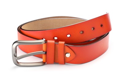 Photo of One orange leather belt isolated on white