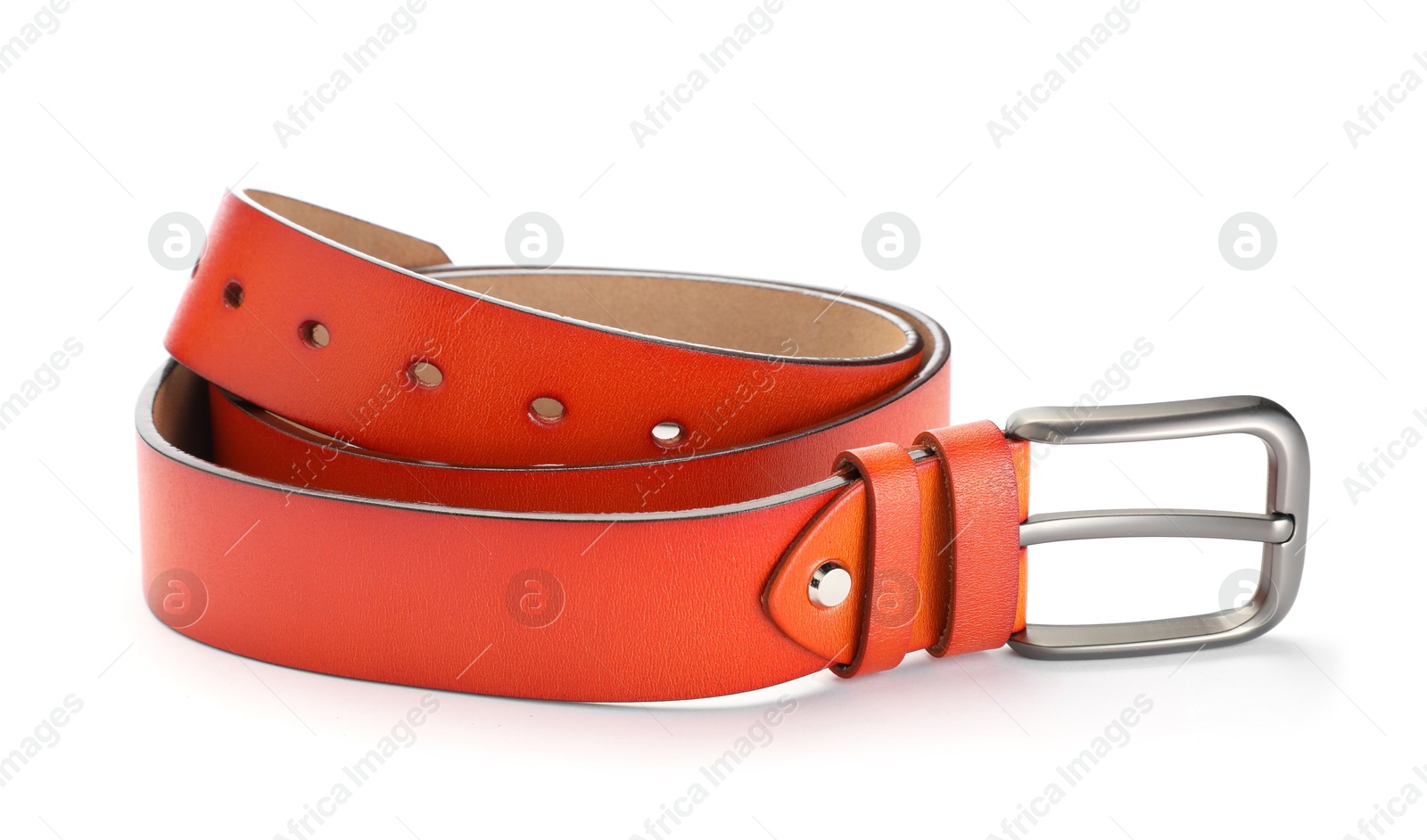 One orange leather belt isolated on white Photo of One orange leather belt isolated on white