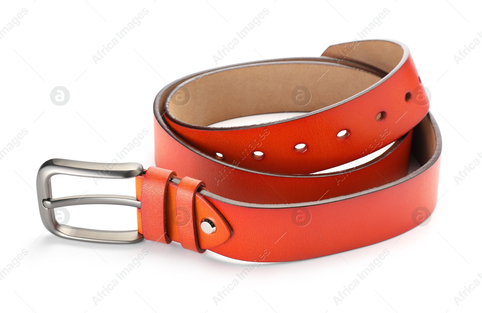 One orange leather belt isolated on white Photo of One orange leather belt isolated on white