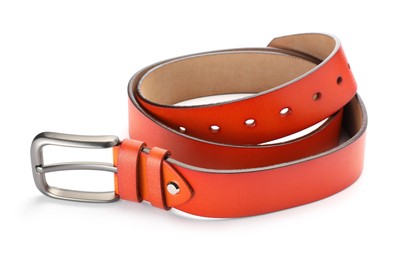 Photo of One orange leather belt isolated on white