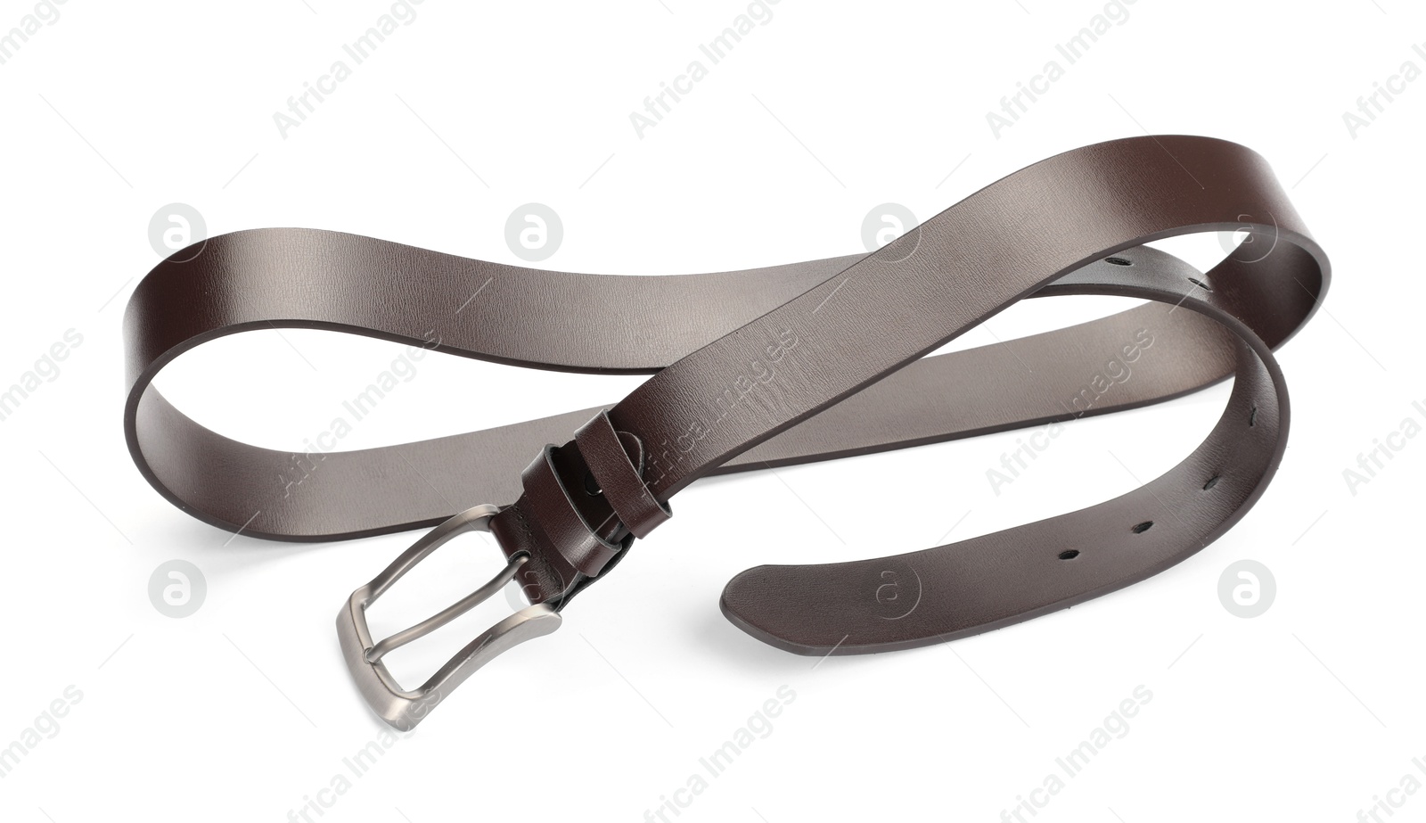 One brown leather belt isolated on white Photo of One brown leather belt isolated on white