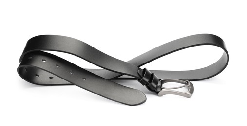 Photo of One black leather belt isolated on white