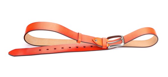 Photo of One orange leather belt isolated on white