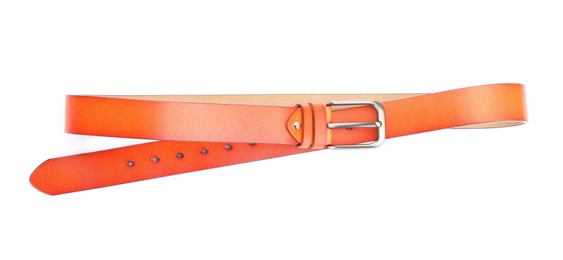 Photo of One orange leather belt isolated on white