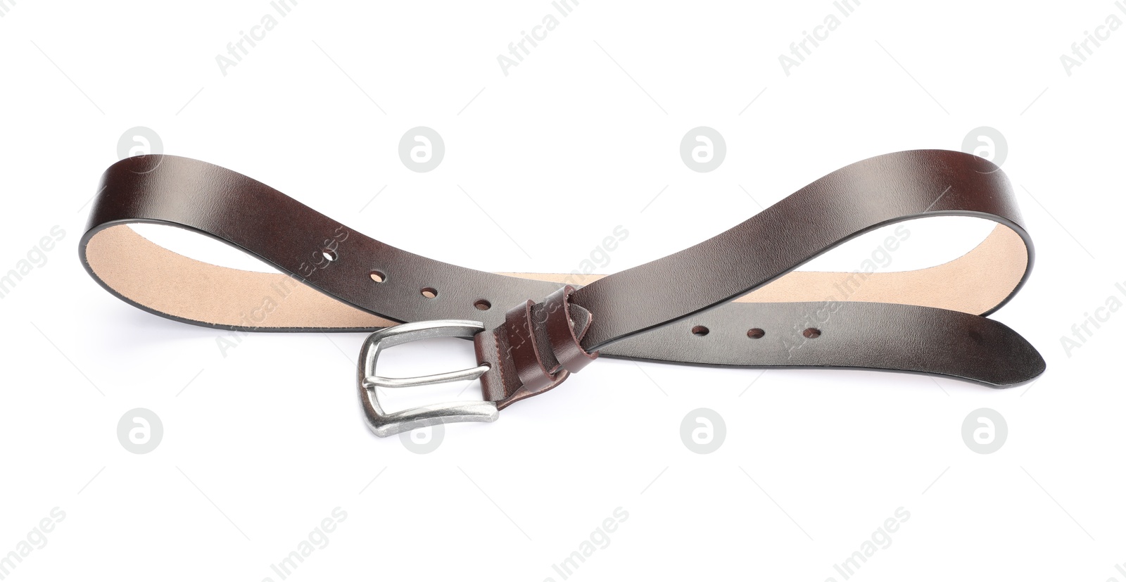 One brown leather belt isolated on white Photo of One brown leather belt isolated on white