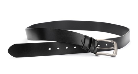 Photo of One black leather belt isolated on white