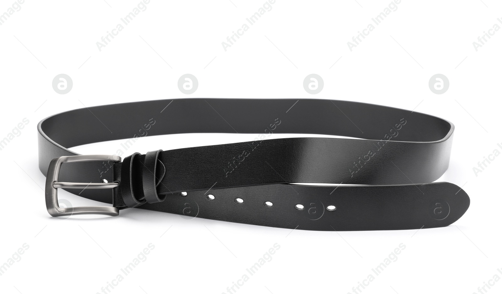 One black leather belt isolated on white Photo of One black leather belt isolated on white